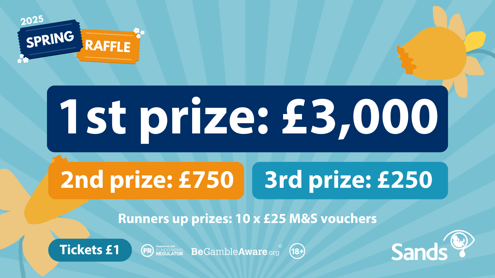 Blue back ground with yellow daffodils showing prizes for the 2025 Spring Raffle. 1st prize £3000, 2nd prize £750, 3rd prize £250 and runners up prizes of ten £25 M&S vouchers. Tickets cost £1.