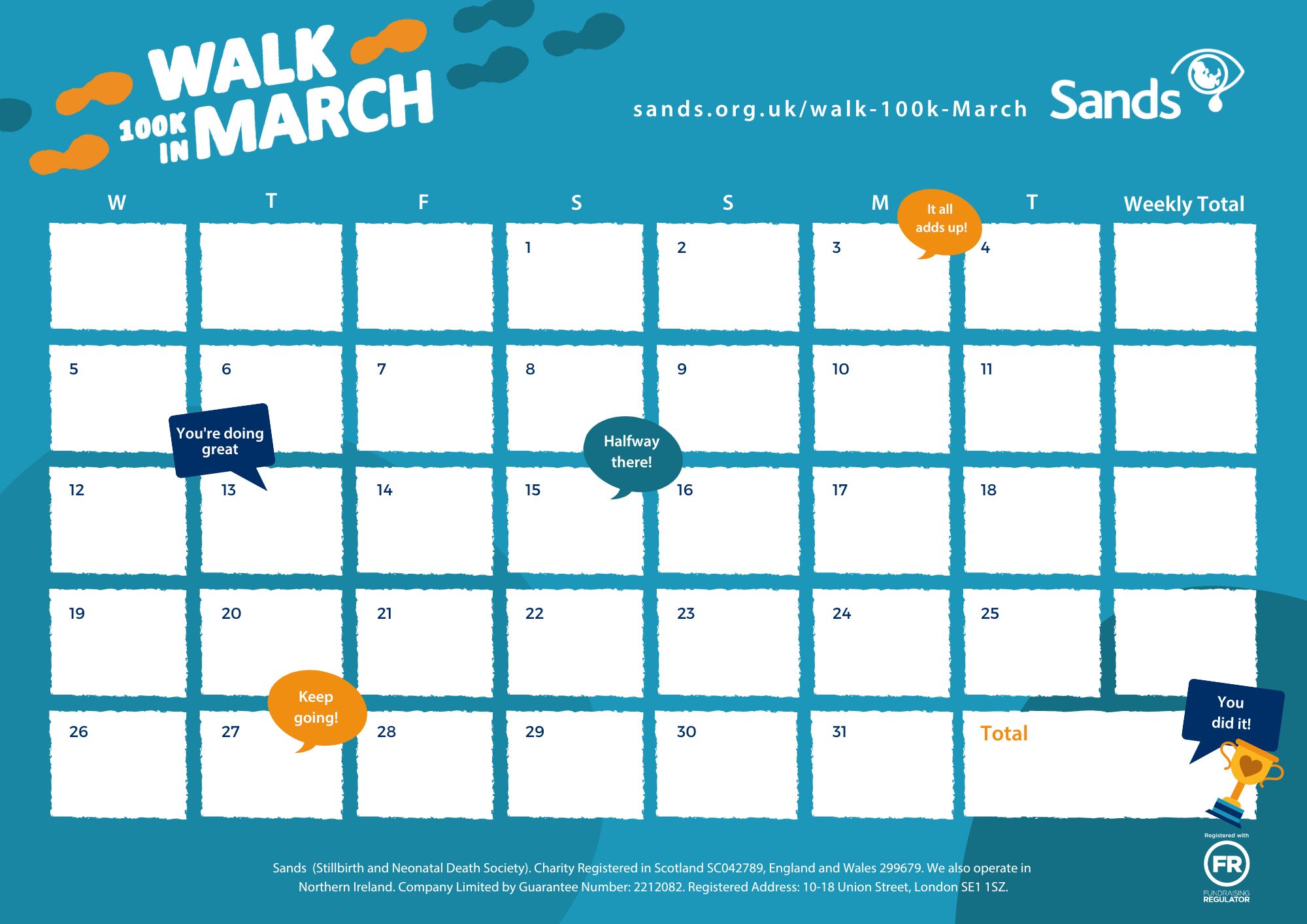 Walk 100k in March tracker, calendar style on blue background