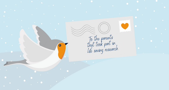 a graphic of a robin carrying a letter addressed 'to the parents that took part in life saving research' 