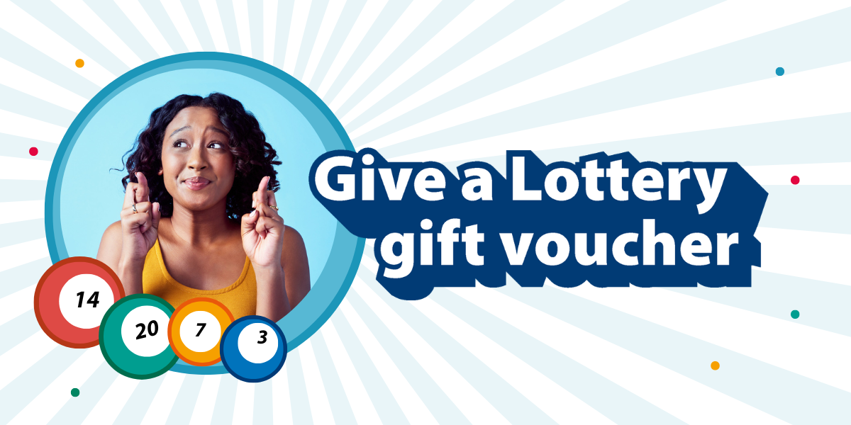 A lady looking hopeful, has her fingers crossed for luck. Text reads Give a Lottery Gift Voucher