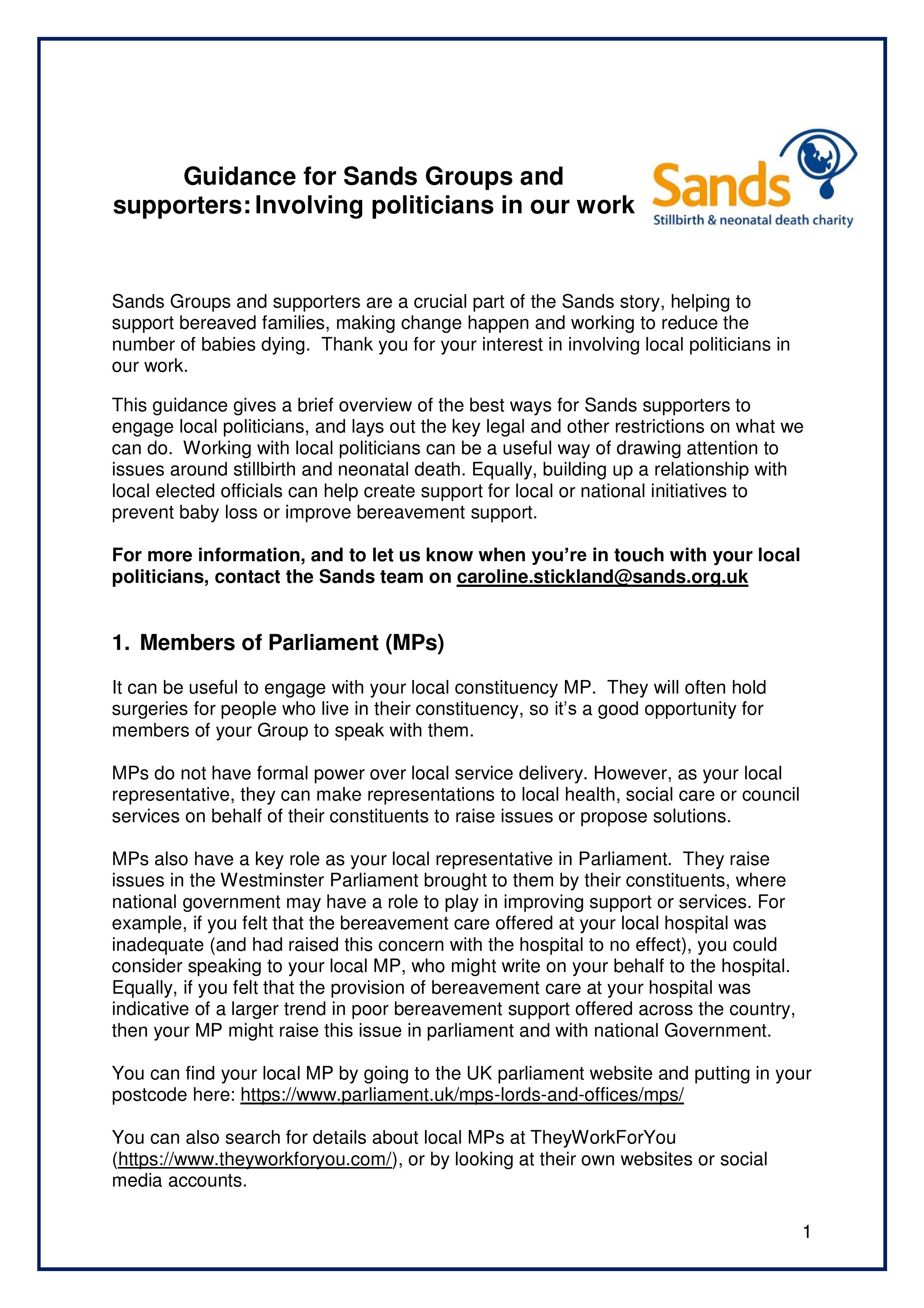 Guidance for Sands Groups and supporters: Involving politicians in our work