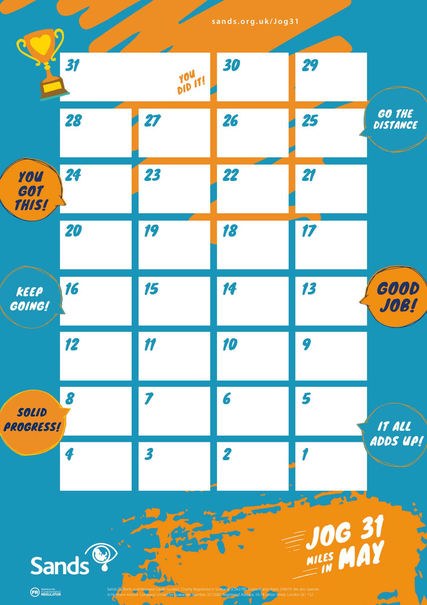 Jog 31 miles tracker calendar on a blue background and including 31 days