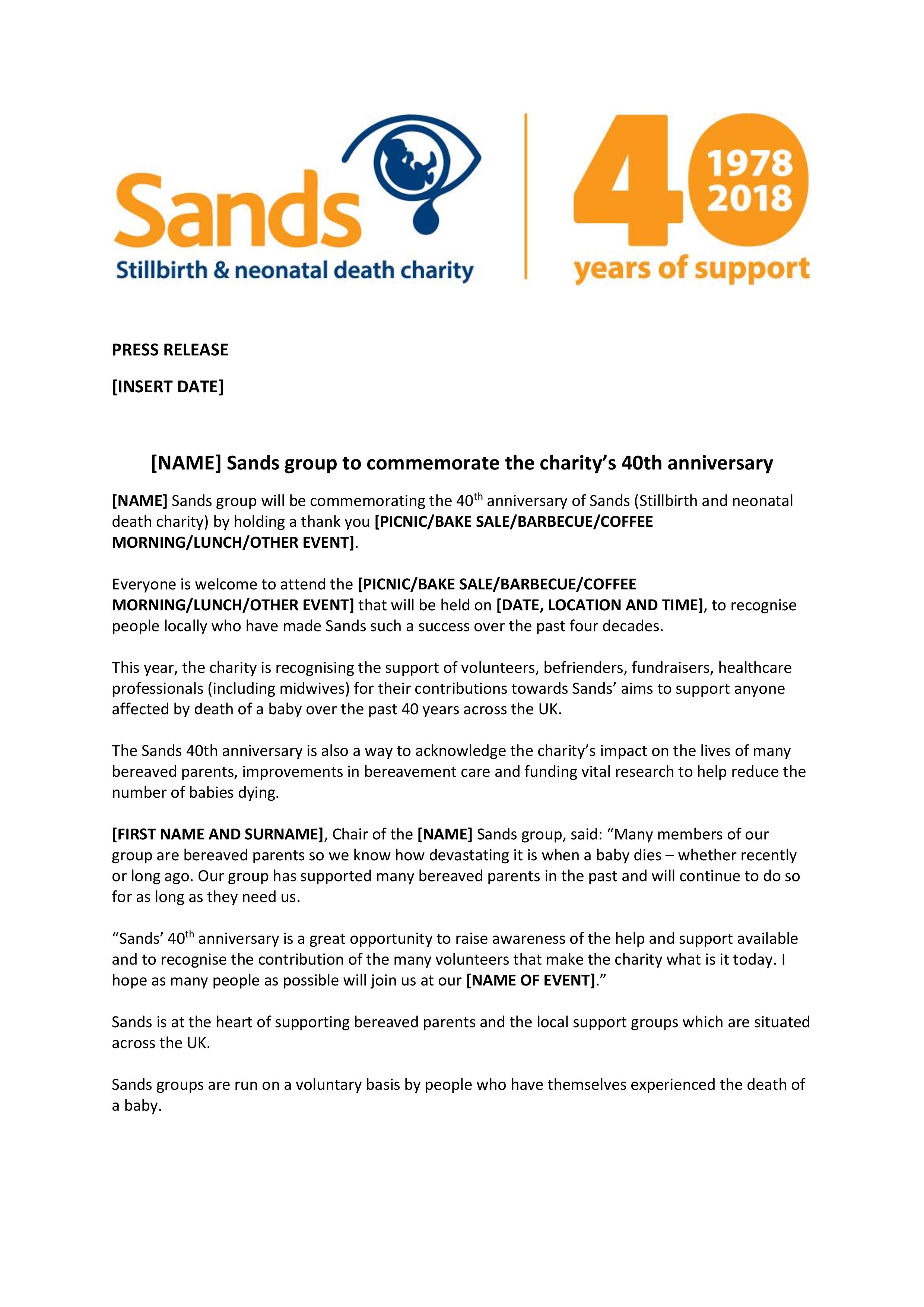 Press release template for groups - Sands 40th anniversary