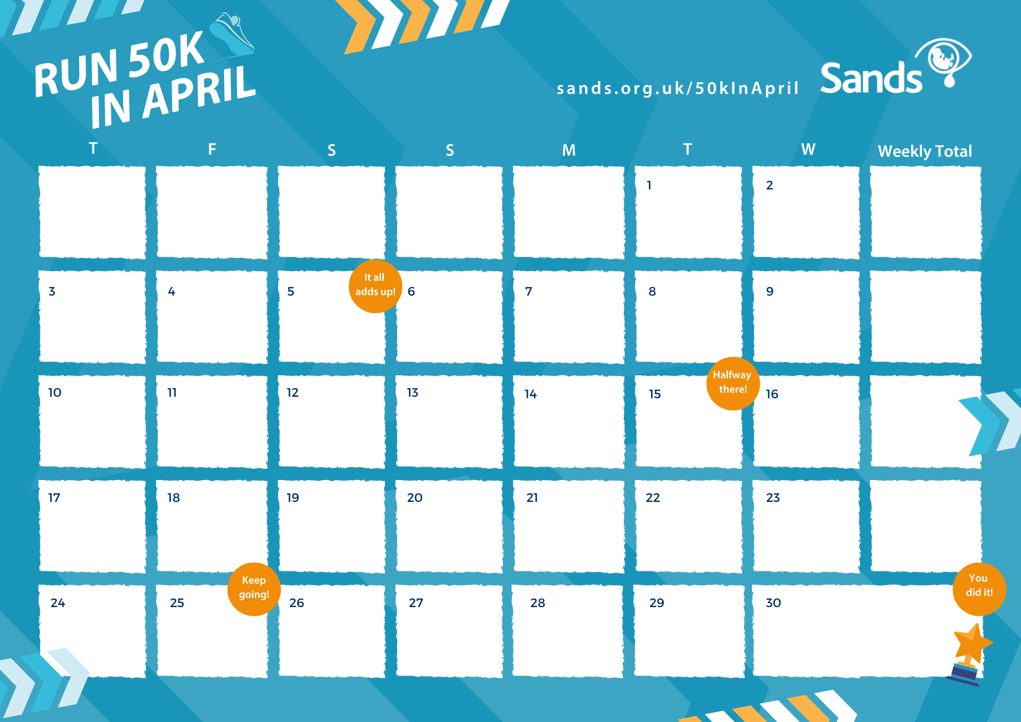 Run 50k in April Daily Run Distance Tracker