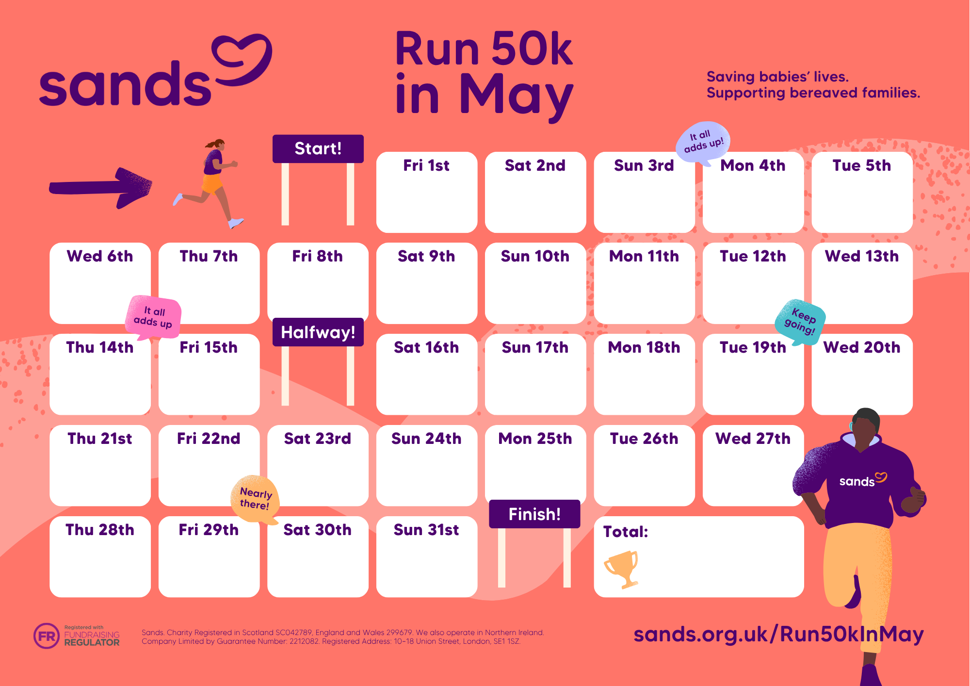 Run 50k in May 2026 calendar showing day of May