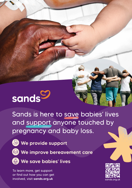 Sands A5 Flyer with information about Sands and a person holding a babies' hand