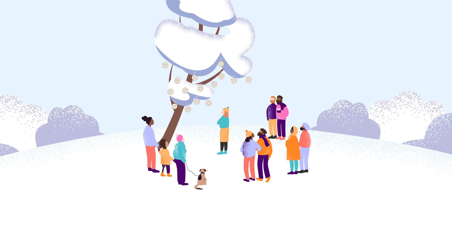Illustration of a winter scene with a group of people standing under a starry night sky. The landscape features snow-covered hills, trees, and bushes, with individuals looking up at a memory tree in small groups, conveying a sense of togetherness