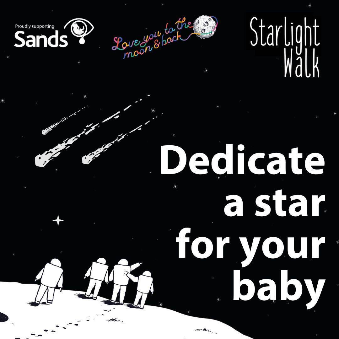 Black and white animated image of 4 men on the moon pointing at some shooting stars. There is some text that reads 'Dedicate a star for your baby'