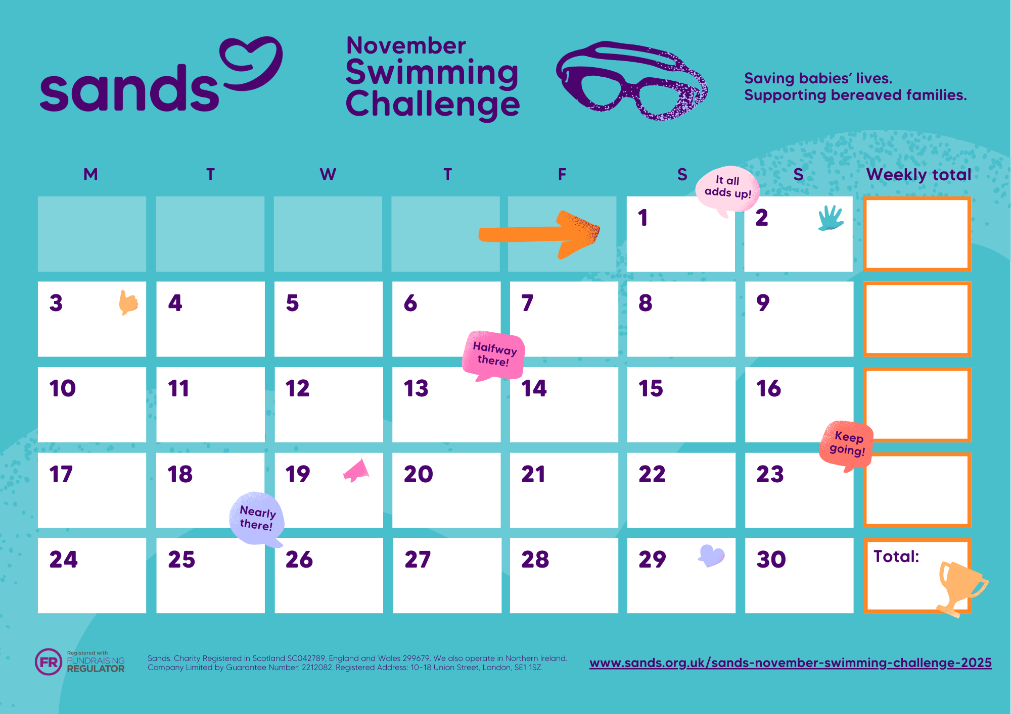 November calender to record swims