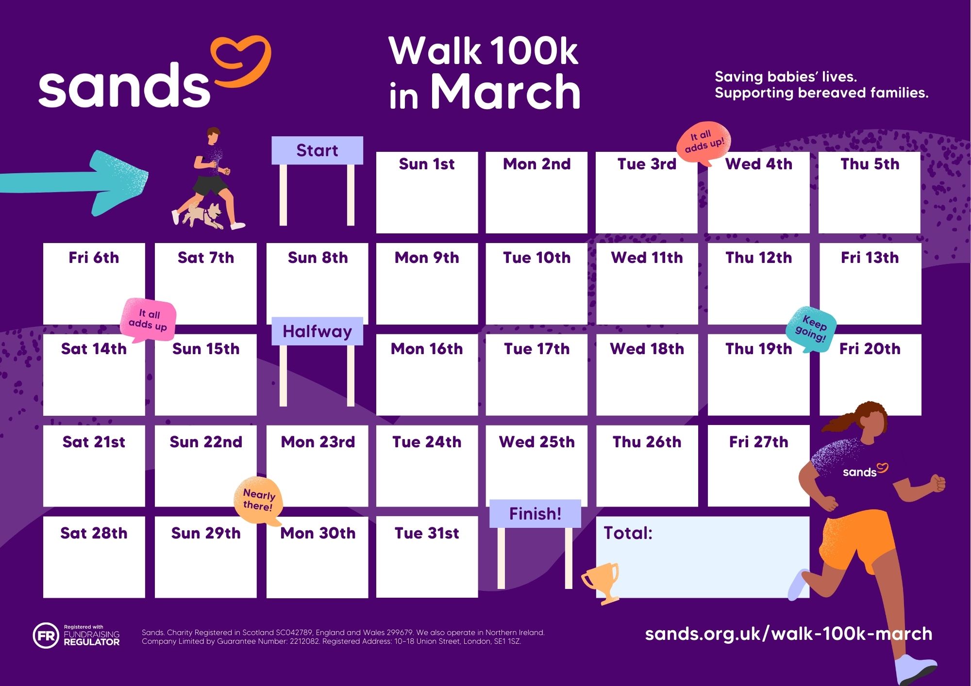 Walk 100k in March Tracker calendar on a purple background