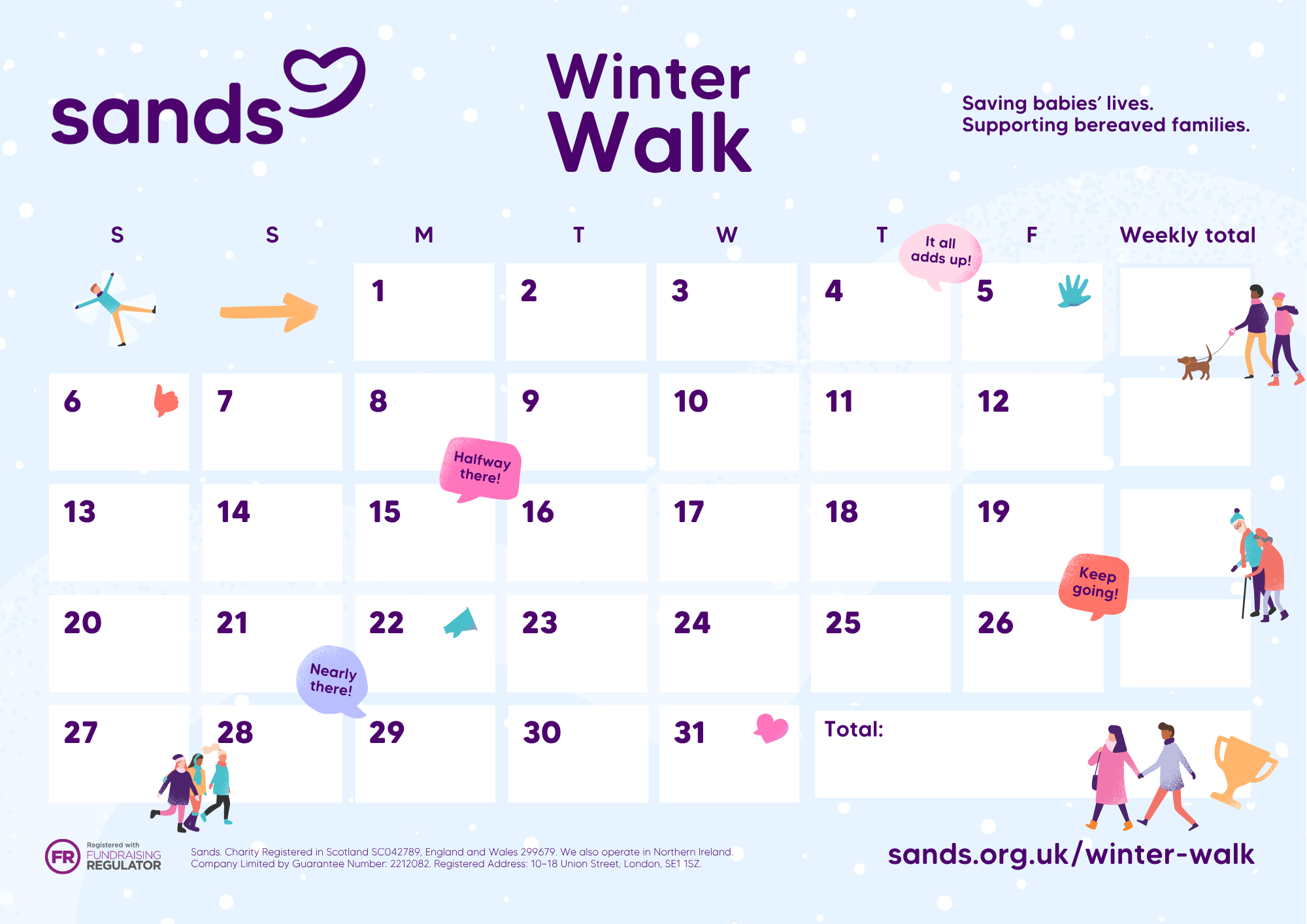 Winter Walk challenge tracker calendar on a blue background