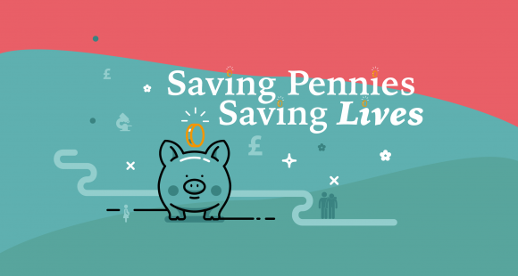 Saving Pennies Saving Lives logo which includes a small pink piggy bank with coin dropping in