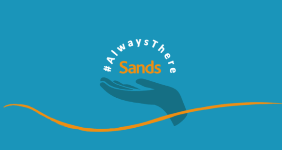 Sands Awareness Month 2021: Always There logo with a hand palm up holding sands logo