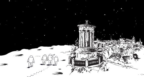 Four people stood on the moon overlooking the edinburgh skyline