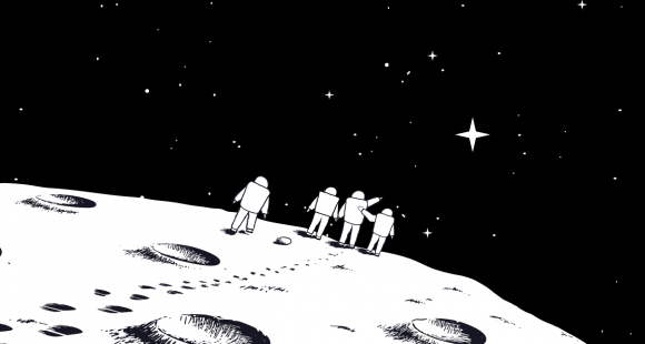 4 people on the moon looking up to the stars