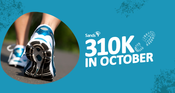 310k steps in October banner with blue background and a photo of sport shows being worn taken from behind
