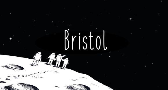 four astronauts walking on the moon with Bristol written in the stars