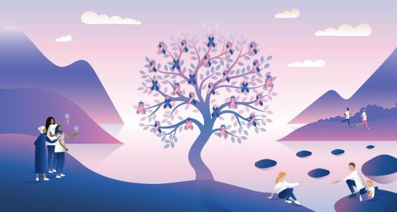 Illustration of baby loss memory tree with mountains in the background and stepping stones in the foreground with people scattered around 
