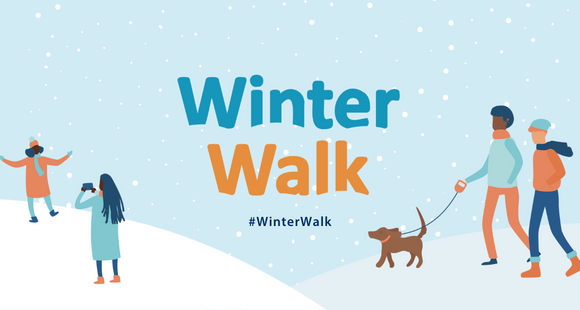 winter walk text on light blue background with illustrations of dog walkers and children playing