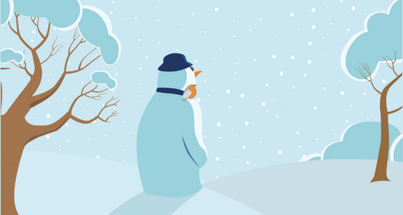 A snowman stood between two trees, looking out over snowy hills