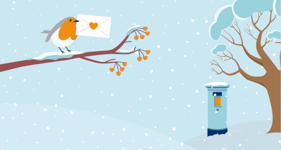 Wintry setting with a Robin sat on a branch holding an envelope with an orange heart on it