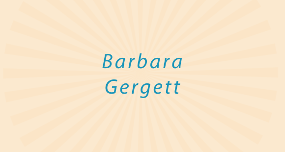 Blue text on a peach background reads Barbara Gergett