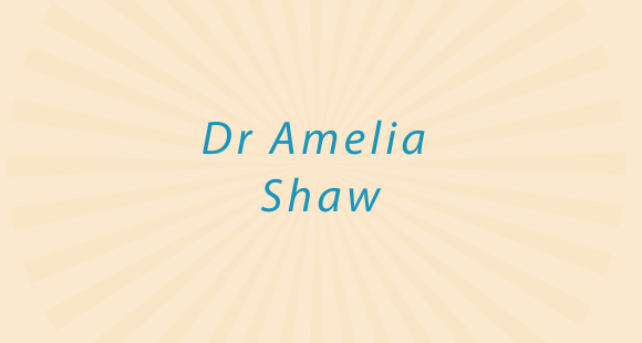 Blue text reading Dr Amelia Shaw on a peach background