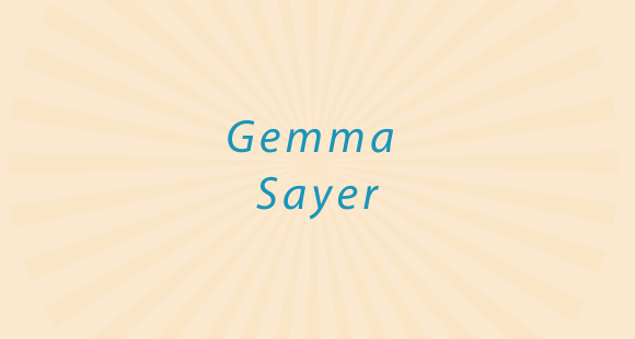 Blue text on a peach background reads Gemma Sayers