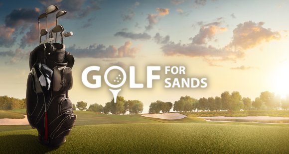 Golf bag to left in forground, golf cource in background with sun setting. Golf for sands white logo and text in middle.