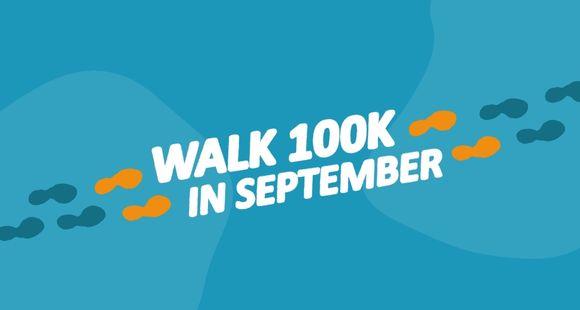 Walk 100k in September - banner image in blue backaground