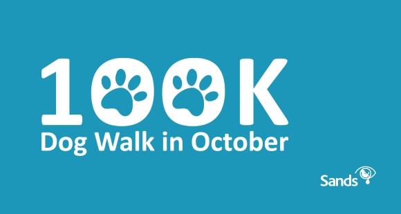 Blue background with white font reading 100k Dog Walk in October