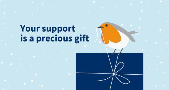 Robin sat on top of a present with string in its mouth. Snowy background with text that says 'Your support is a precious gift'