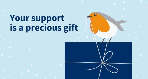 Robin sat on top of a present with string in its mouth. Snowy background with text that says 'Your support is a precious gift'