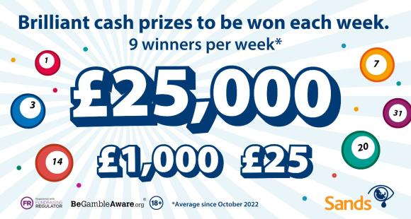 Colourful lottery balls and bold blue text reading "Brilliant cash prizes to be won each week. Twenty five thousand pounds, one thousand pounds or twenty five pounds. On average since October 2022 there are 9 winners each week.""