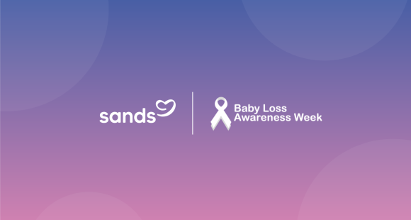 blue fading to pink background with white text: sands, Baby Loss Awareness Week 