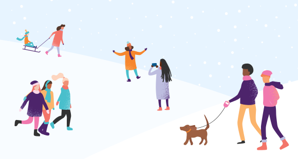 Winter Walk, snowy background with people walking