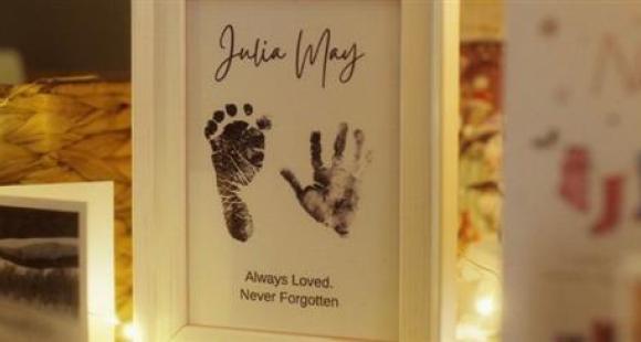 framed baby hand and foot prints. Text reads Julia May, Always Loved, Never Forgotten