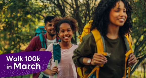 Walk 100k in March challenge, and in the background three people walking together