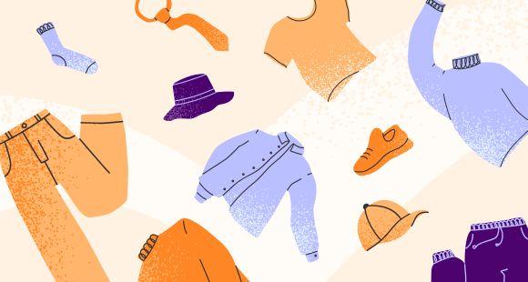 An illustration of different items of clothing in purple and orange