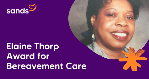 Text: Elaine Thorp Award for Bereavement Care. Image:Image of Elaine Thorp appears top right.