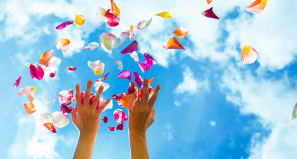 A pair of hands throws colourful flower petals confetti into a blue sky
