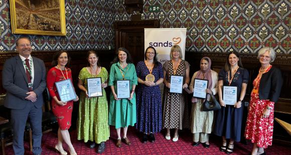 Shortlisted nominees for the 2026 Elaine Thorp Award alongside Andy MacNae MP and Clea Harmer, Chief Executive, Sands