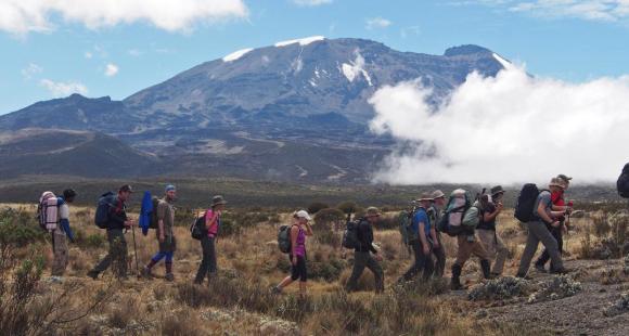 Group of trekkers in a line walking Kilimanjaro trek