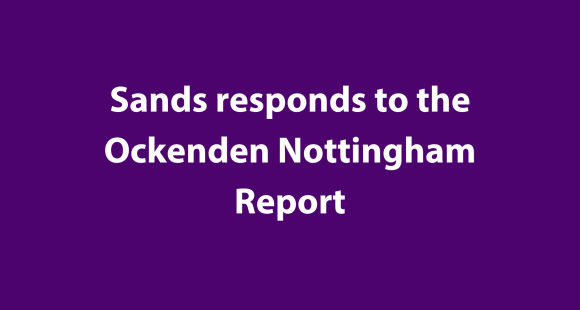 White text on purple background reads "Sands responds to the Nottingham Ockenden report"