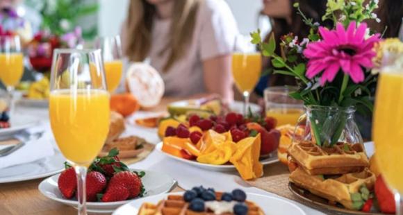 Brunch table of food and drinks