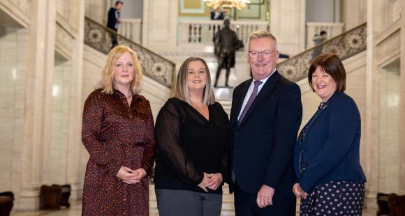 From left to right: Heather Reid (Interim Director of Nursing, Midwifery and Allied Health Professionals at the Public Health Agency (PHA) Northern Ireland), Melissa Crockett (NBCP NI Manager), Mike Nesbitt (Minister of Health), Caroline Keown (Chief Midwifery Officer)