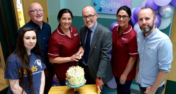 Pictured left to right are Chair of Sands Northern Ireland Frances McClay, Sands NI network coordinator Steven Guy, Southern Trust Bereavement  midwife Shivaun McKinley, Sands' Head of Bereavement Care Marc Harder, midwife Oonagh King and Sands volunteer Andrew McCreery