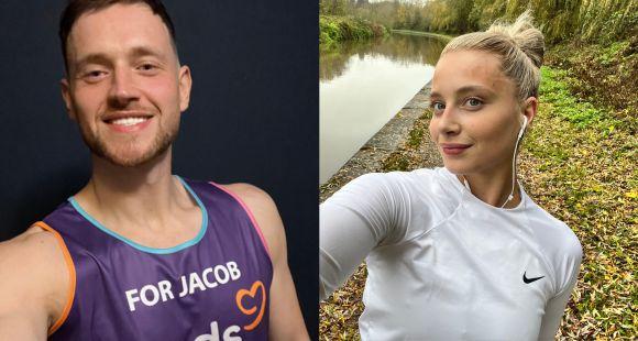Photo of Jordan in his Sands running top with Jacob's name on it. Niamh is pictured in a white running top outside