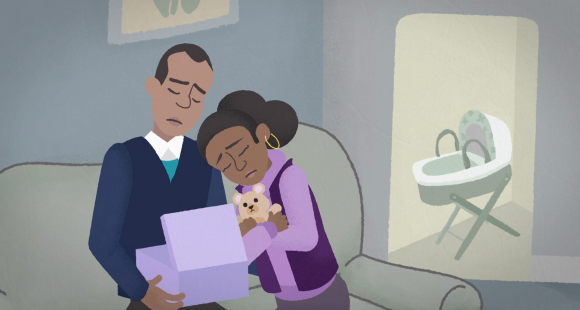 Still taken from Sands' growing around grief animation, showing a couple grieving for their baby, opening their memory box at home