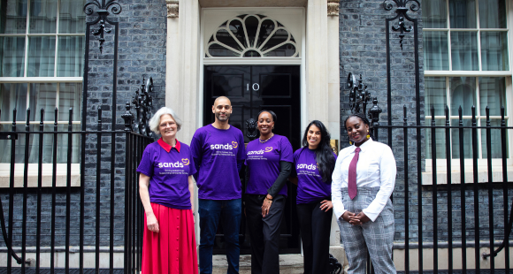 Sands End Inequalities in Baby Loss campaign (l-r Sands CEO Clea Harmer, bereaved parents Raj Chagger, Rachel Burrell, Bhavna Bhargava and Alicia Burnett, founder of Black Baby Loss Awareness Week)